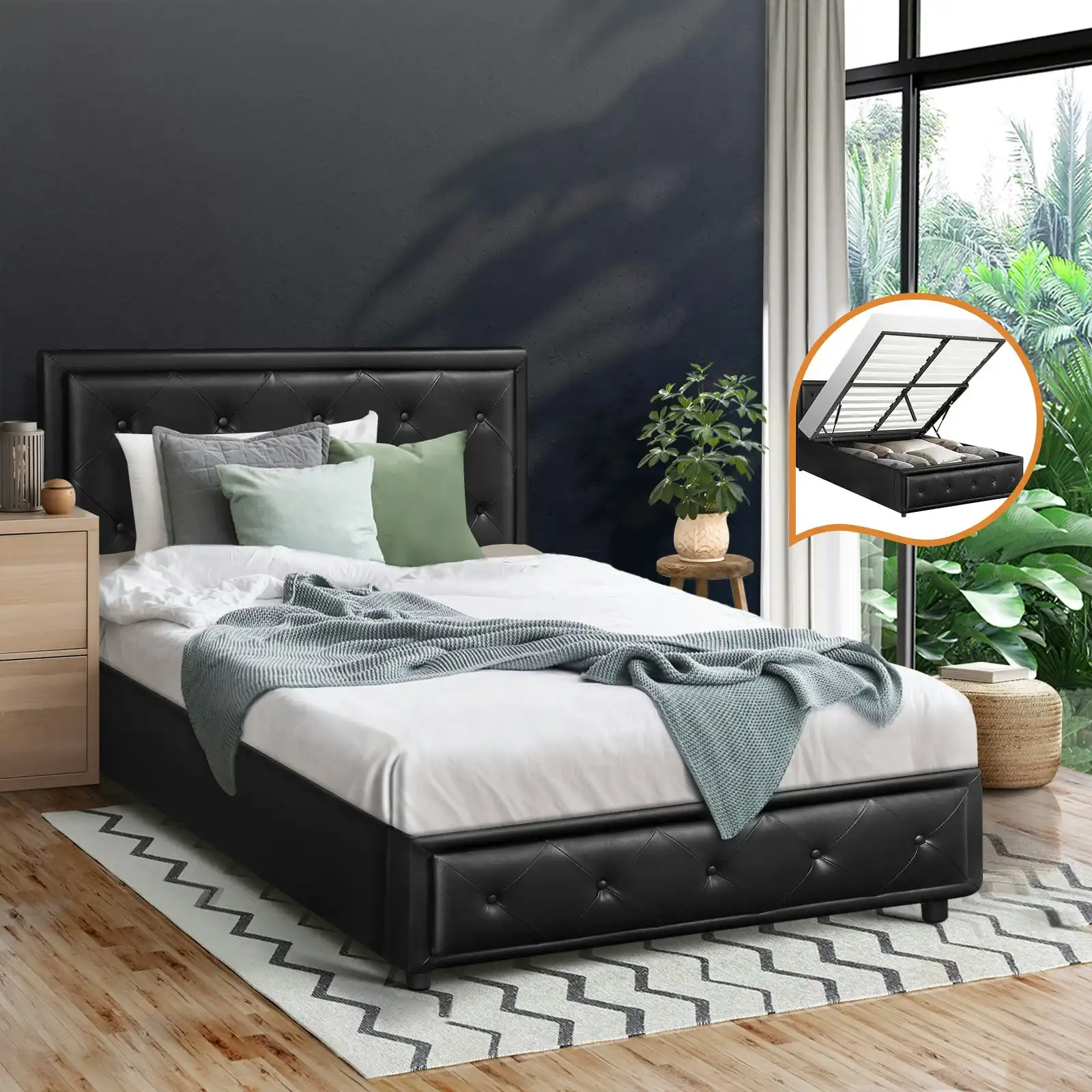 Oikiture Bed Frame King Single Size Gas Lift Base With Storage Black Leather