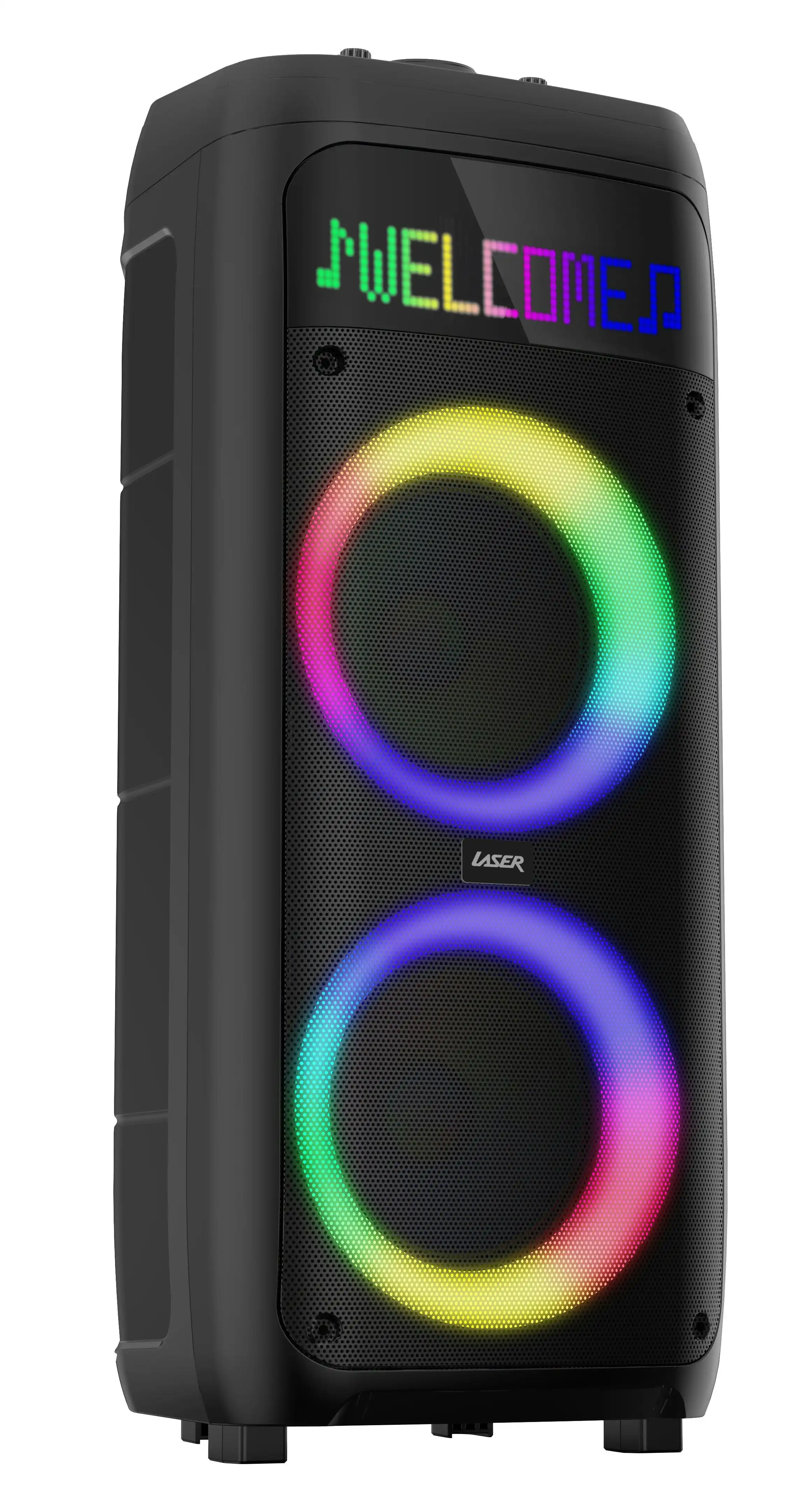 Laser RGB LED Party Speaker w/ Karaoke & Dual Mics, Messaging Panel