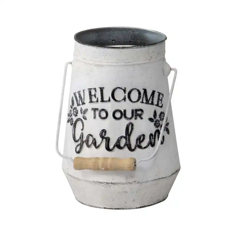 Willow & Silk Metal 36cm White 'Welcome To Our Garden' Can Pot/Planter
