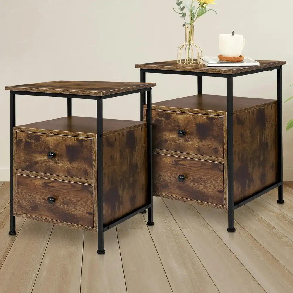 Alfordson 2x Bedside Table Retro Wood Nightstand Storage Vintage 2 Drawers Oak