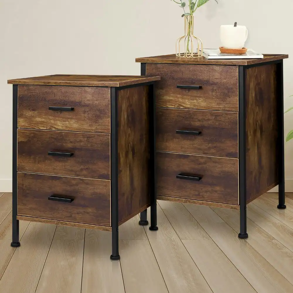 Alfordson 2x Bedside Table Retro Wood Nightstand Vintage 3 Drawers Dark Oak