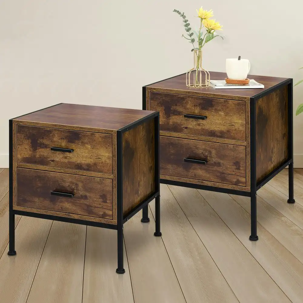 Alfordson 2x Bedside Table Retro Wood Nightstand Vintage 2 Drawers Dark Oak