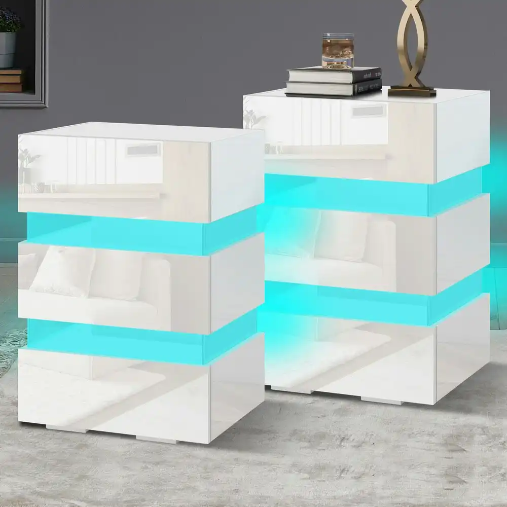 Alfordson 2x Bedside Table RGB LED Nightstand 3 Drawers White