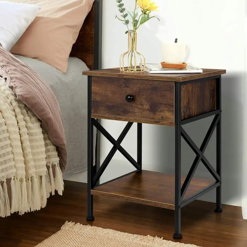 Alfordson Bedside Table Retro Wood Nightstand Vintage 1 Drawer Wooden Dark Oak