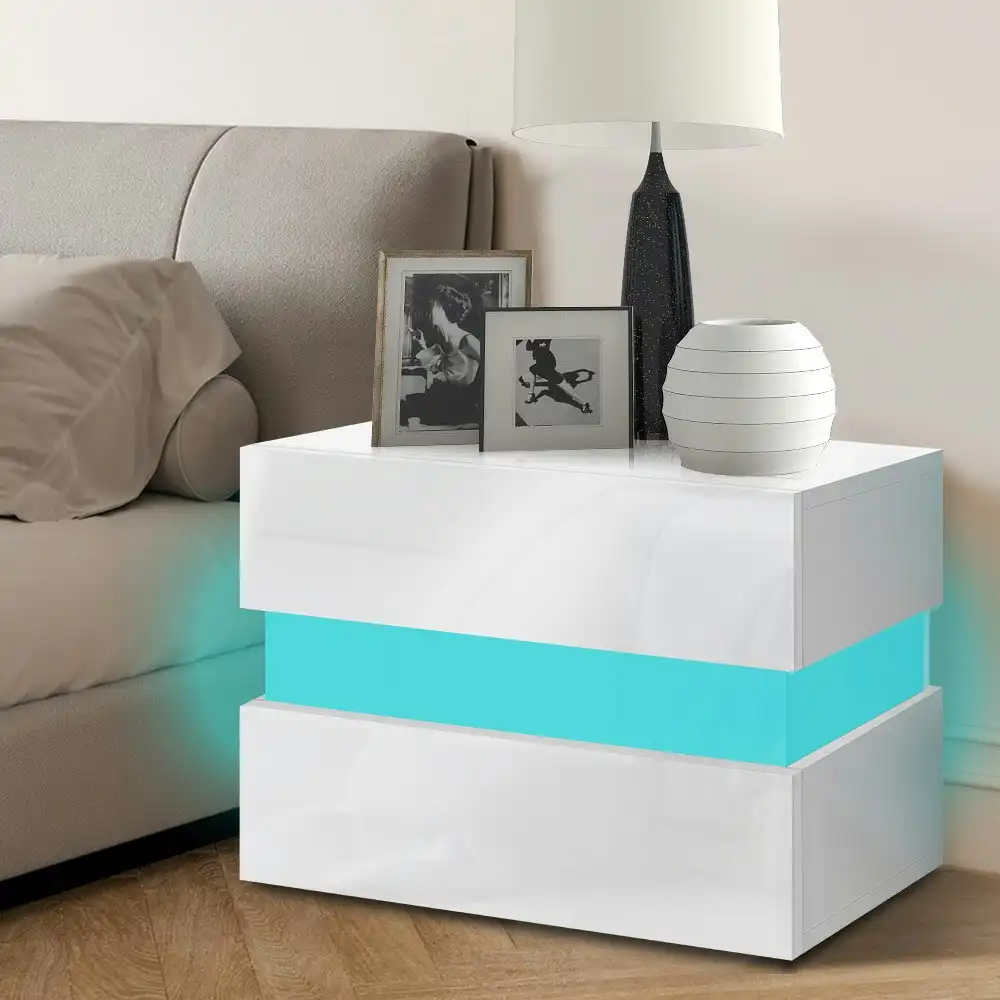 Alfordson Bedside Table RGB LED Nightstand 2 Drawers White