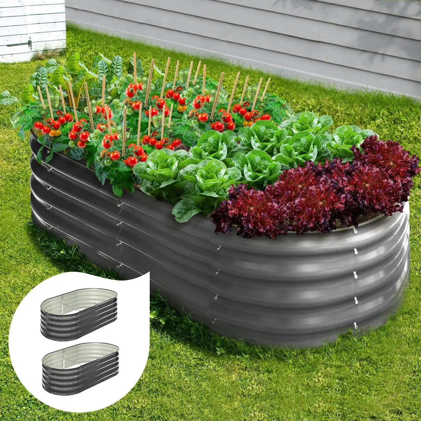 Livsip x2 Garden Bed Oval Galvanised Raised Steel Vegetable Planter 160X80X42CM