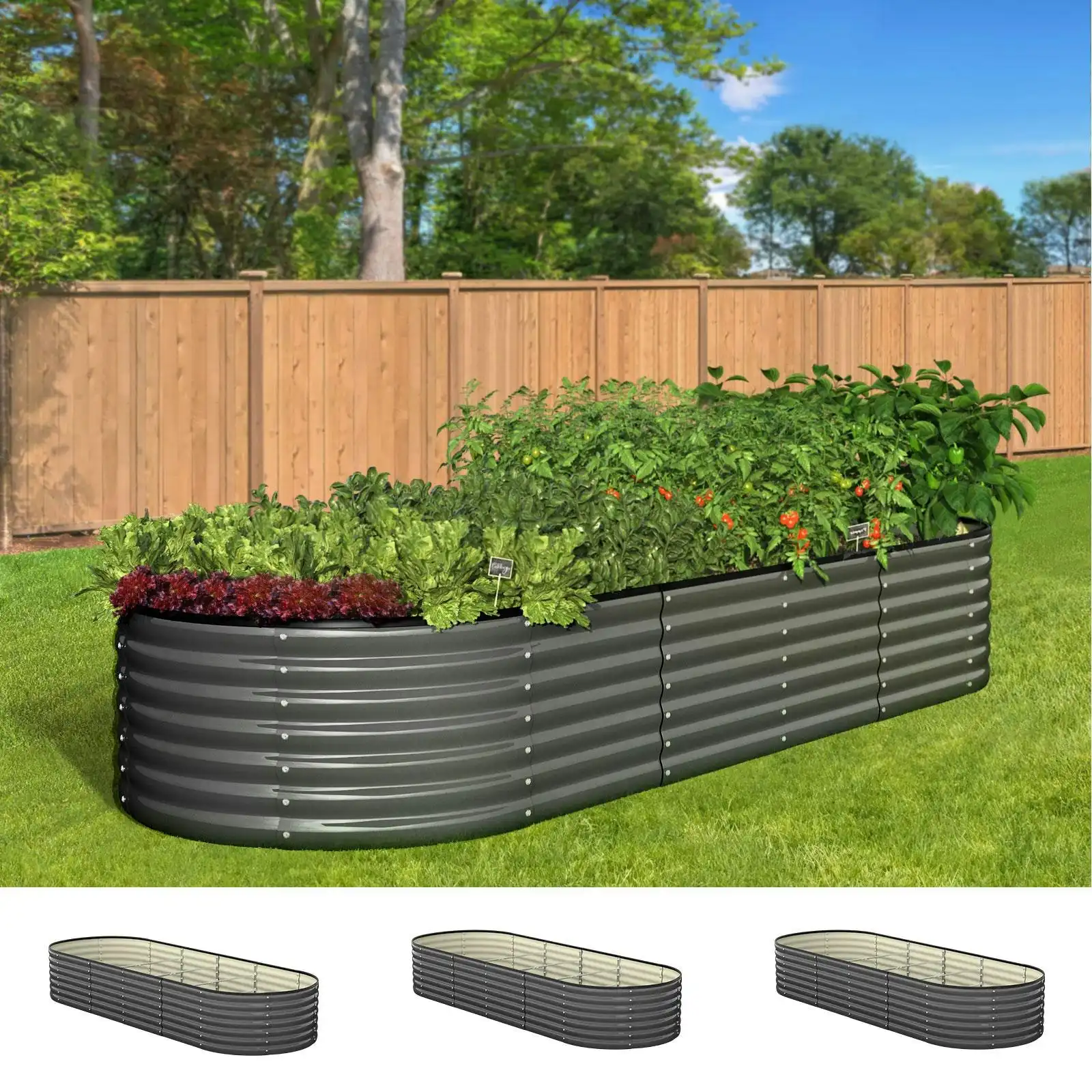 Livsip x3 Raised Garden Bed Kit Planter Oval Galvanised Steel 240cmX80cmX56cm