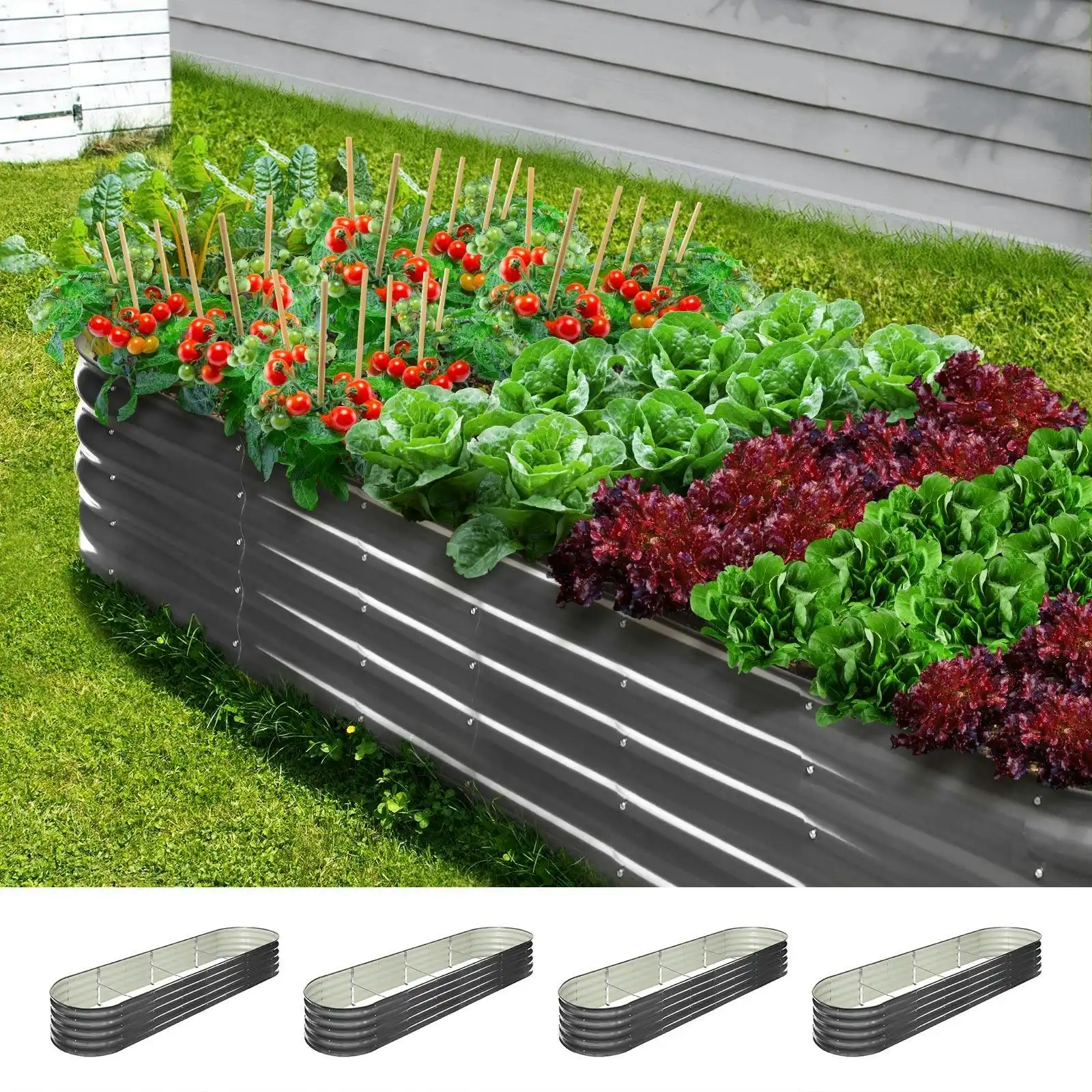 Livsip x4 Galvanised Raised Garden Bed Steel Instant Planter Oval 320X80X42CM