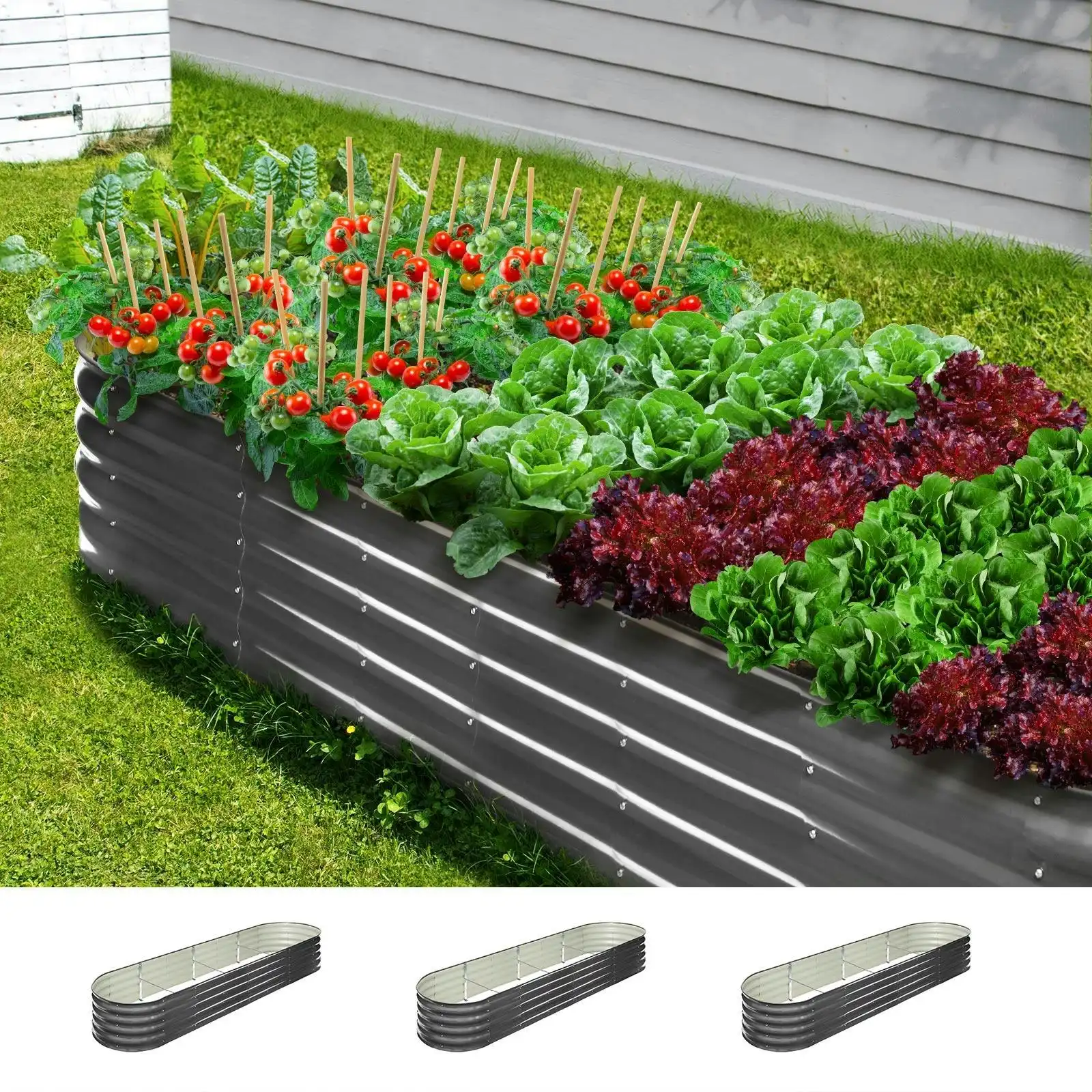 Livsip x3 Galvanised Raised Garden Bed Steel Instant Planter Oval 320X80X42CM