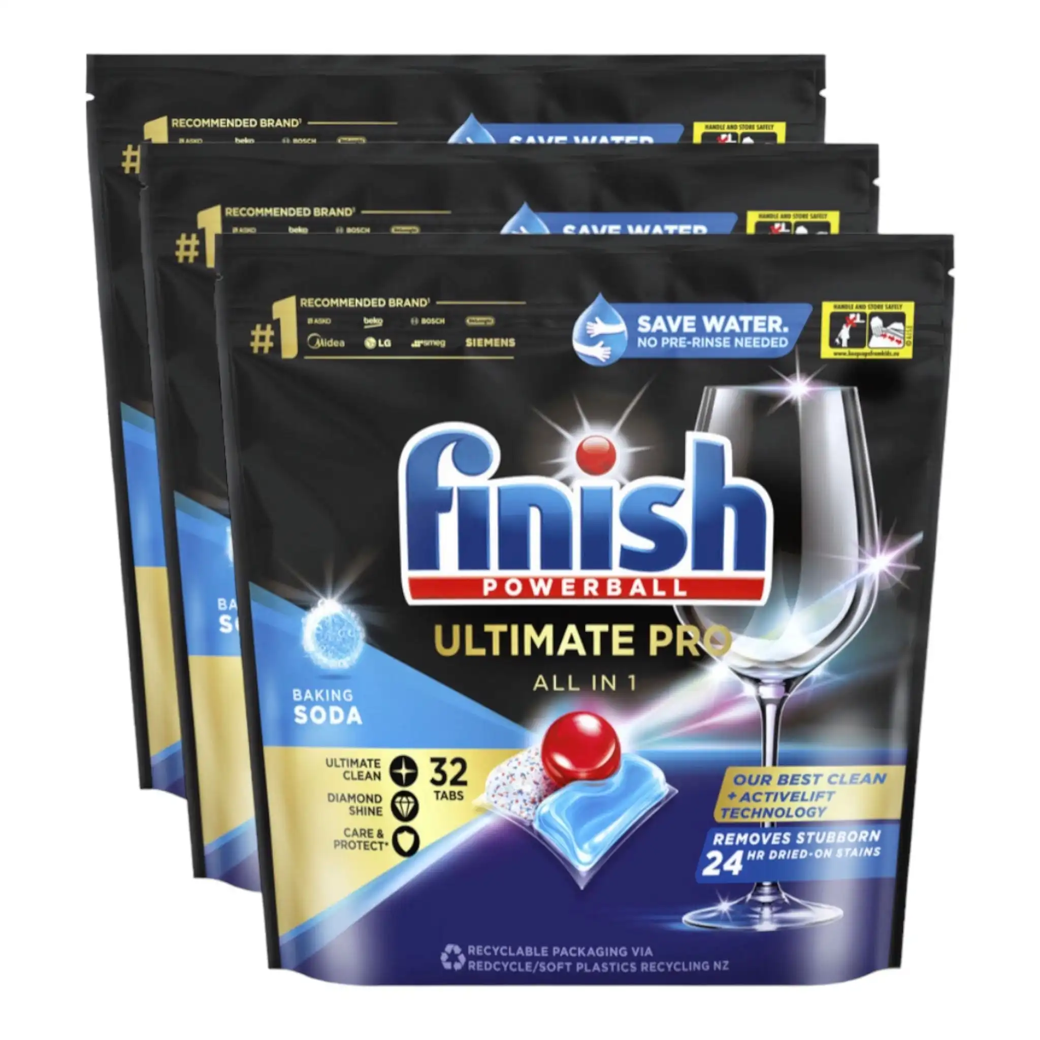 3 Pack Finish Powerball 32 Quantum Ultimate Pro Baking Soda Tablets