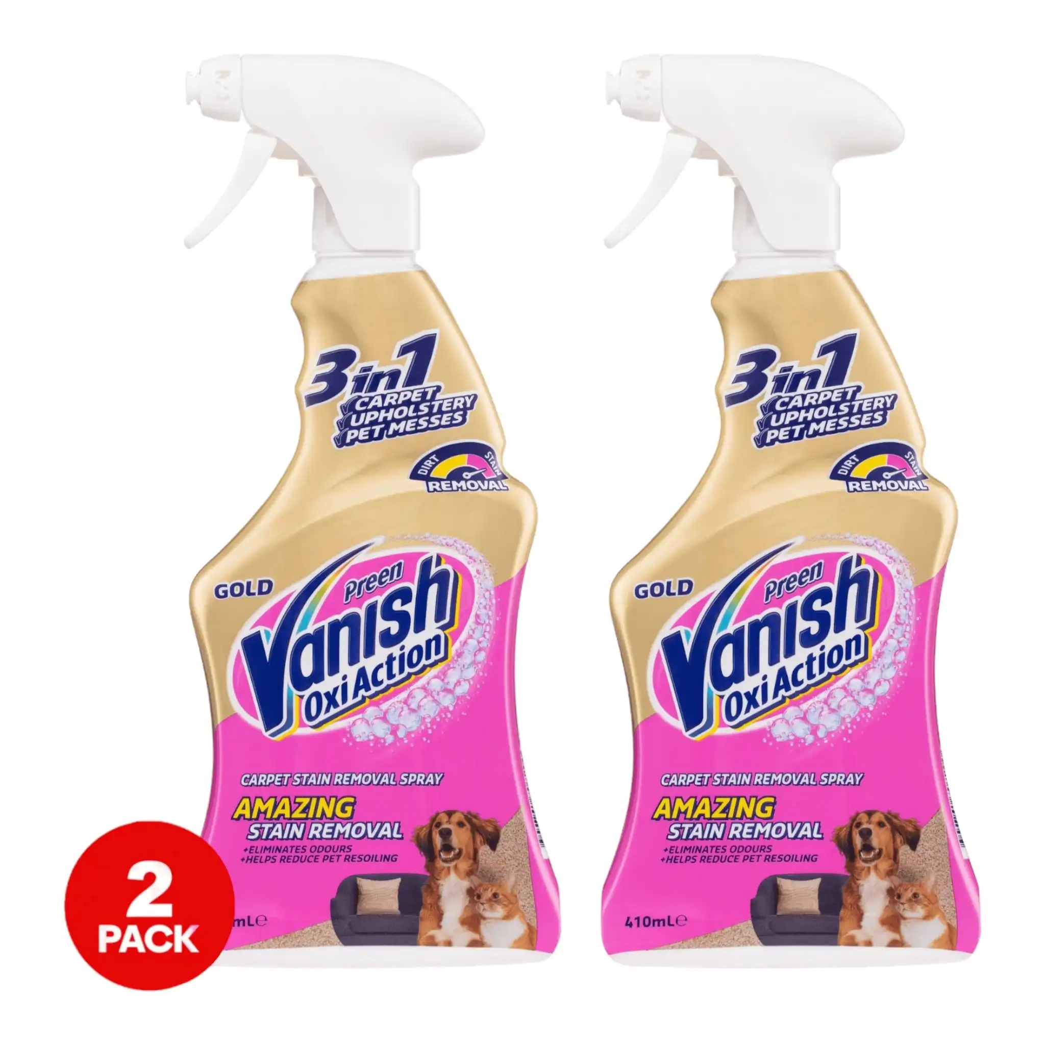 2 Pack Vanish Preen Gold Pro Oxi Action 3 in 1 Carpet Stain Remover 410mL