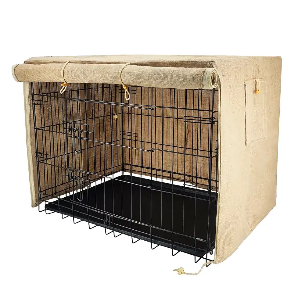 Taily 48" Pet Cage Foldable 3 Doors Metal Dog Crate with Jute Cover and Tray XL