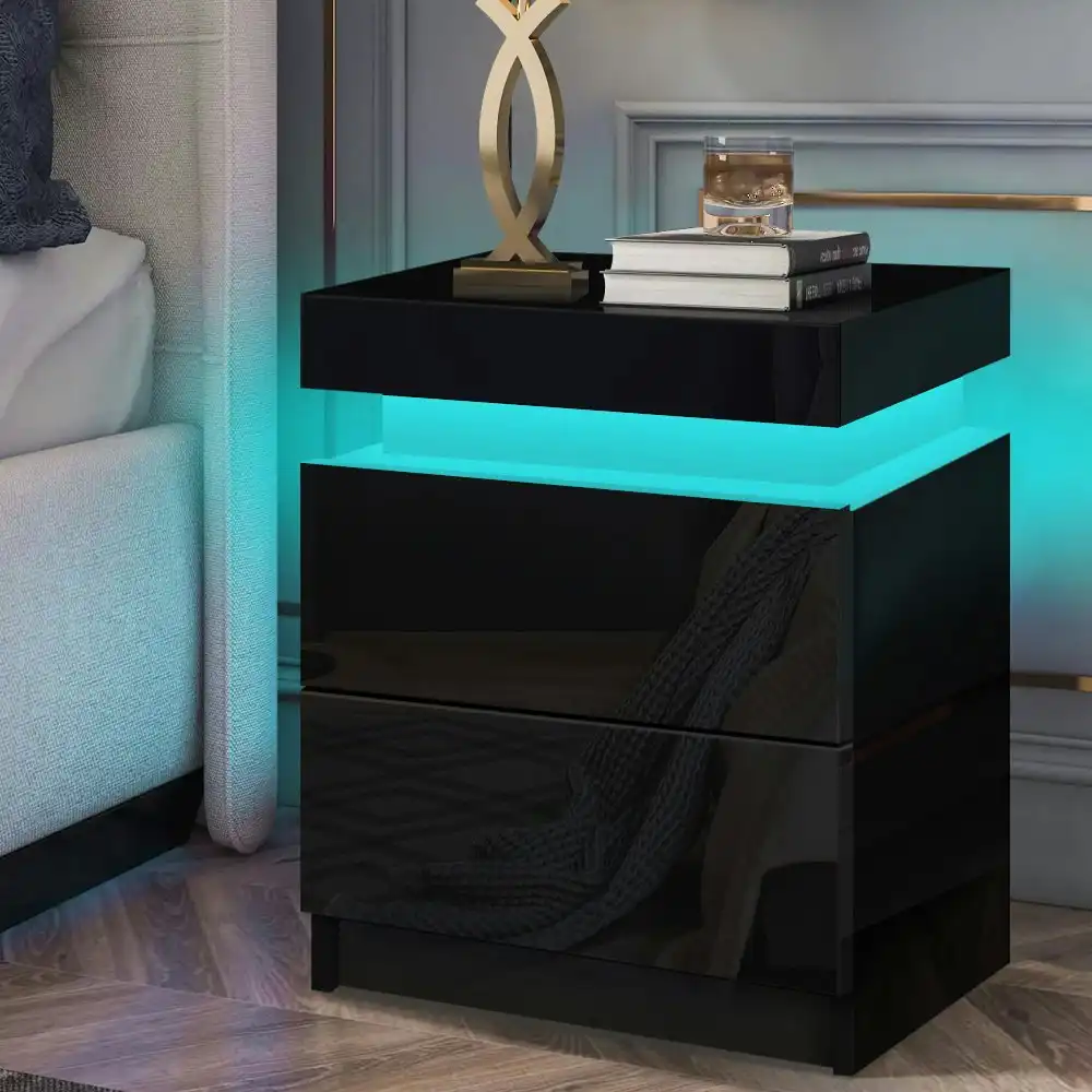 Alfordson Bedside Table RGB LED Nightstand 4-side High Gloss 2 Drawers Black