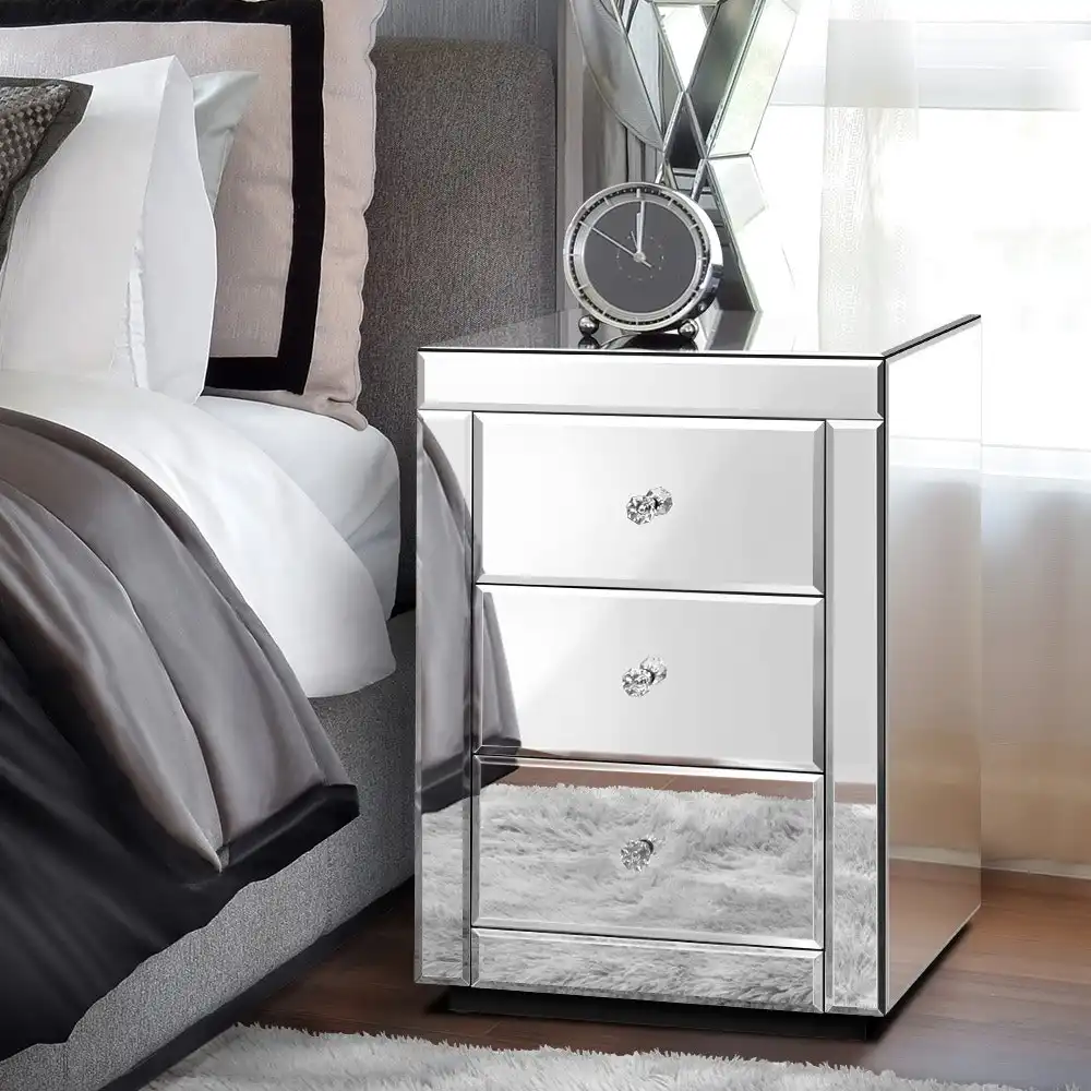 Alfordson Mirrored Bedside Table 3 Drawers Nightstand Black