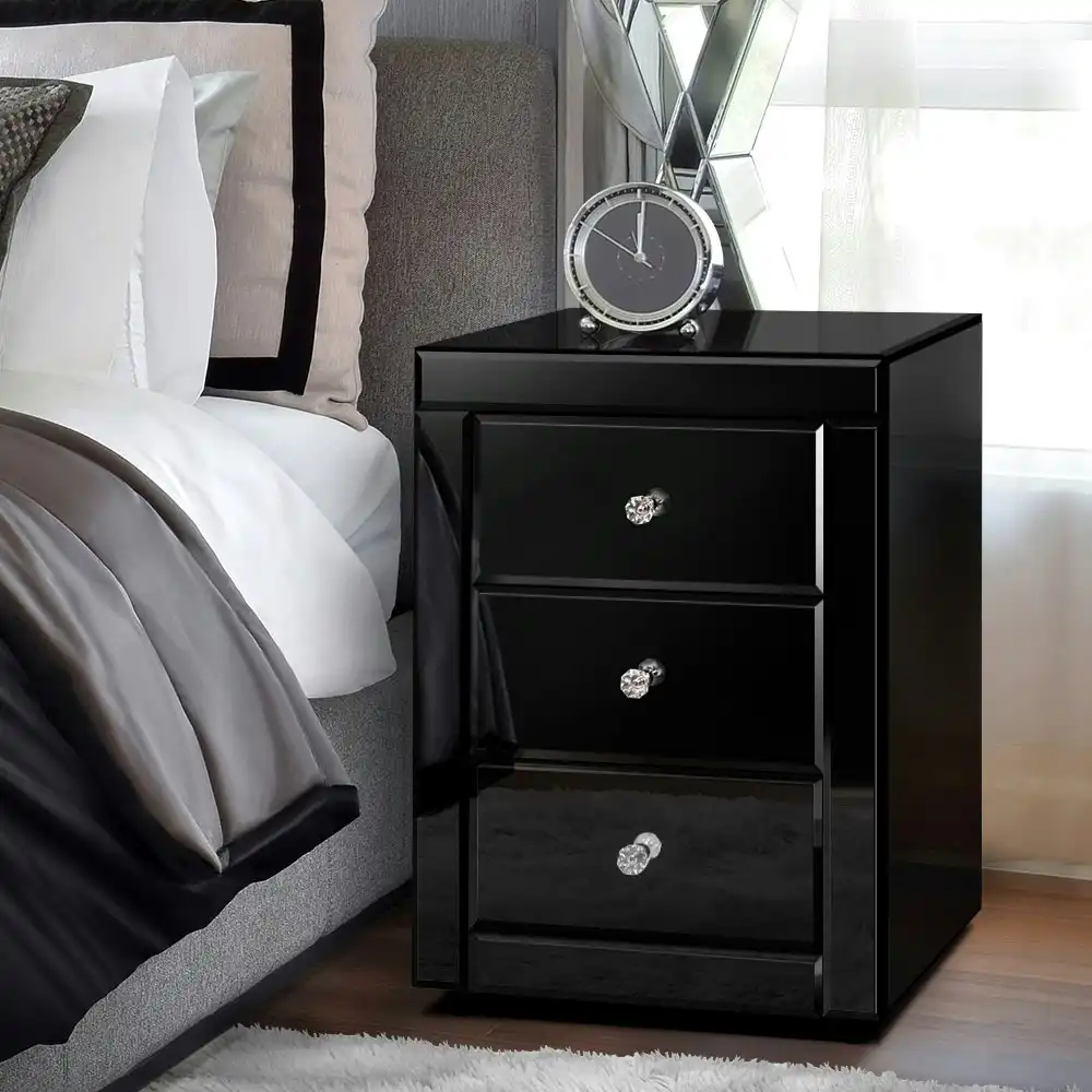 Alfordson Mirrored Bedside Table 2 Drawers Nightstand Black