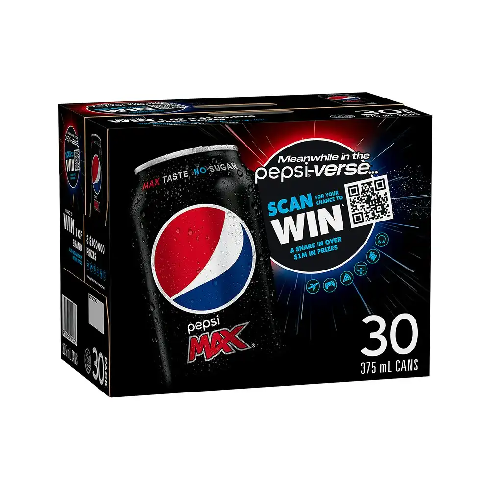 30pc Pepsi Max Cola Flavoured Zero Sugar Soft Drink Sparkling Soda Cans 375ml