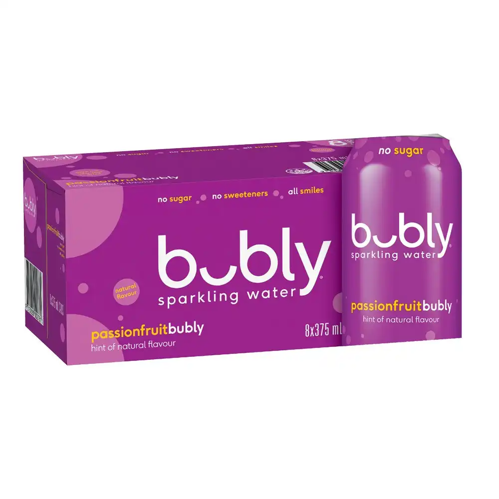 32pc Bubly Passionfruit Flavour Sparkling/Carbonated Water Soda Drink Cans 375ml