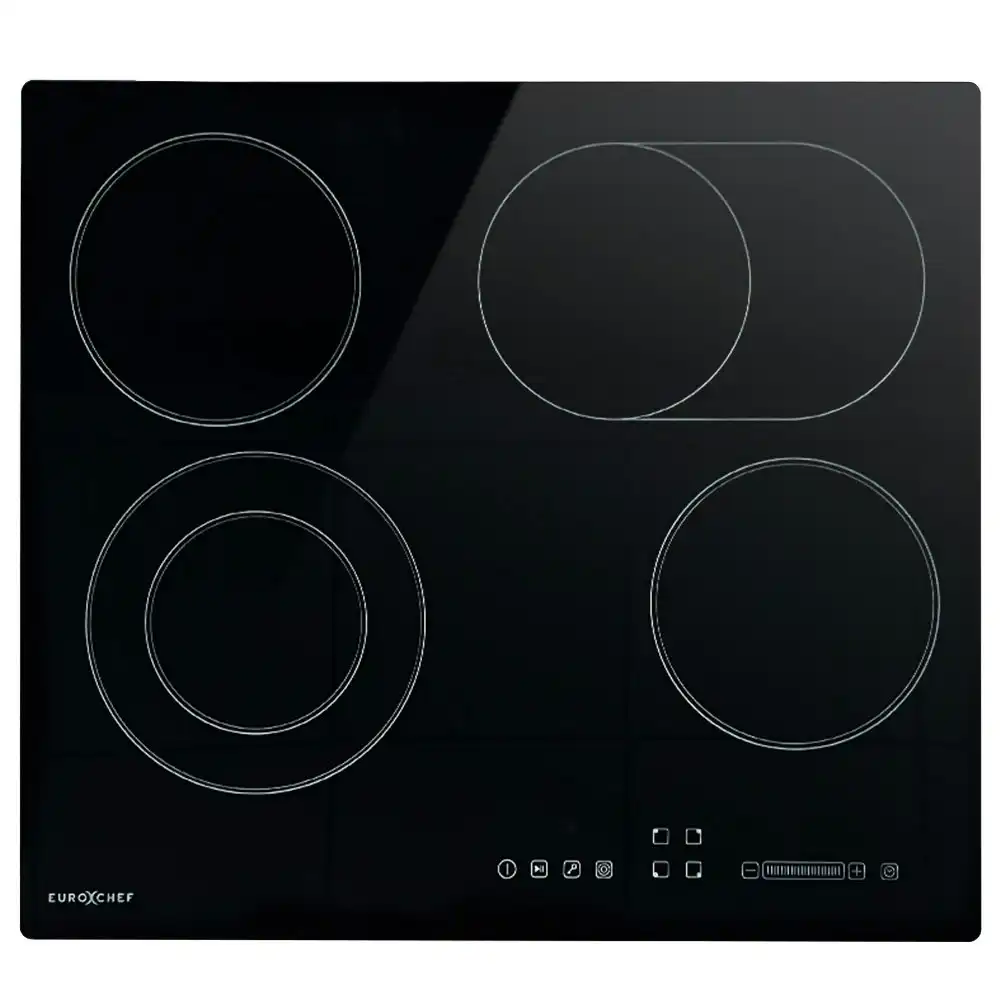 EuroChef 60cm 4 Zone Ceramic Cooktop, 6600W Electric, FlexiZone Adjustable Size Hobs, Touch Controls