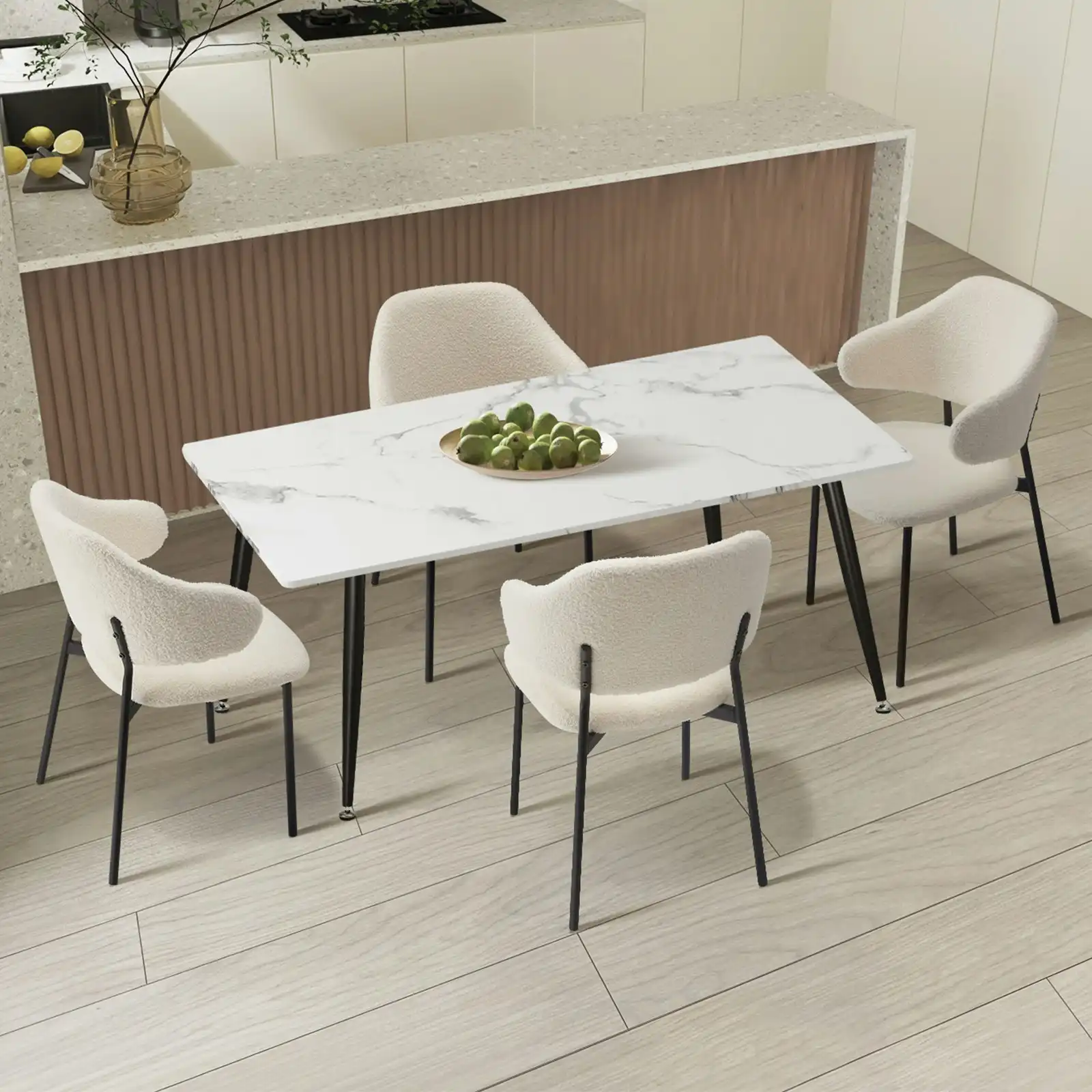 Oikiture 5PCS Dining sets 120cm Rectangle Table with Chairs Sherpa-White
