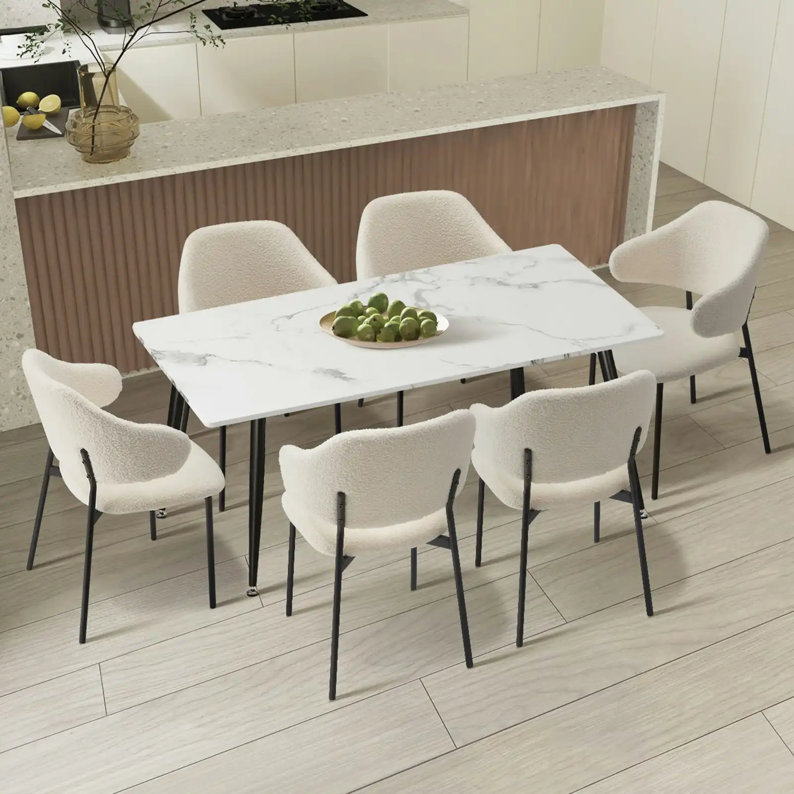 Oikiture 7PCS Dining sets 120cm Rectangle Table with Chairs Sherpa-White