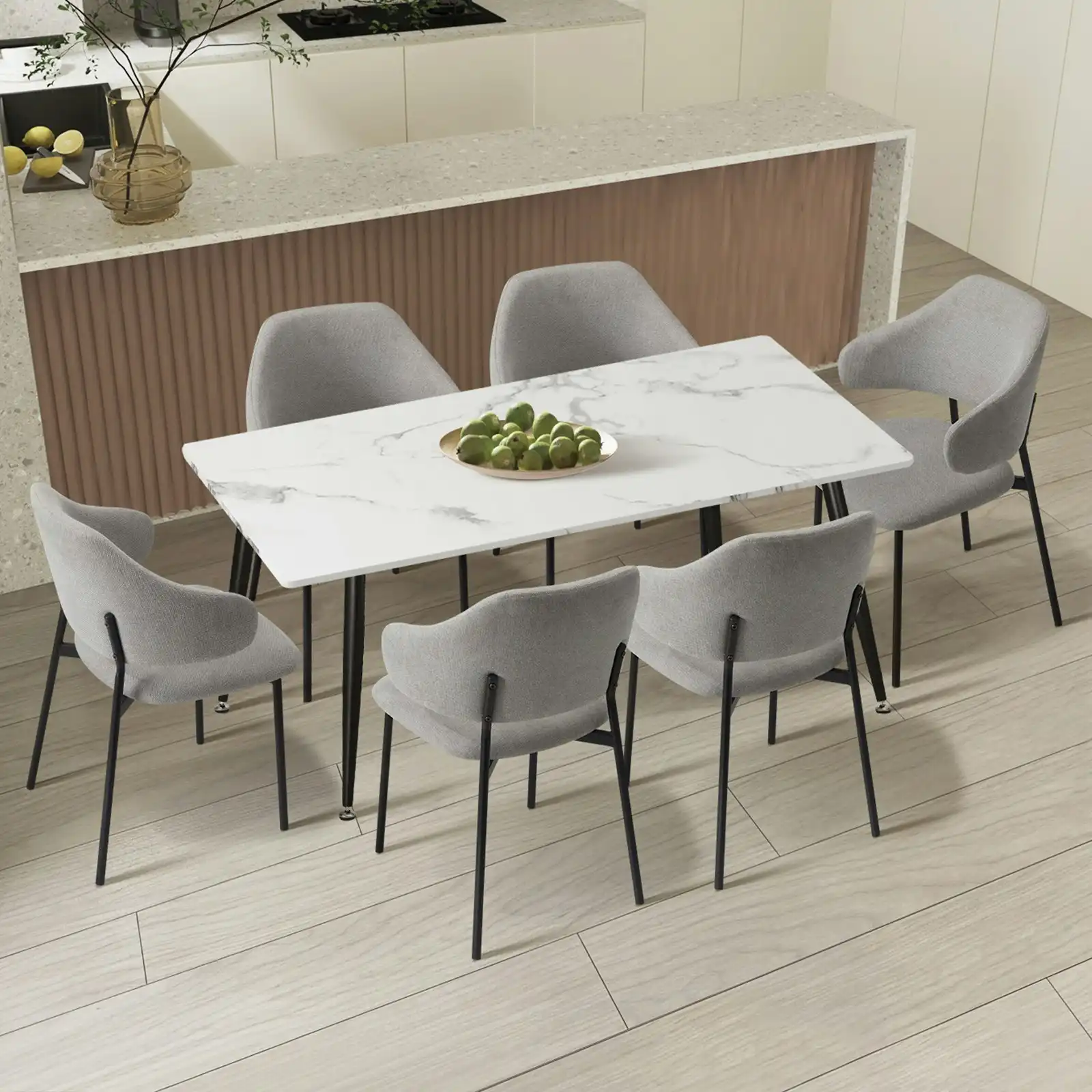 Oikiture 7PCS Dining sets 120cm Rectangle Table with 6PCS Chairs Fabric Grey
