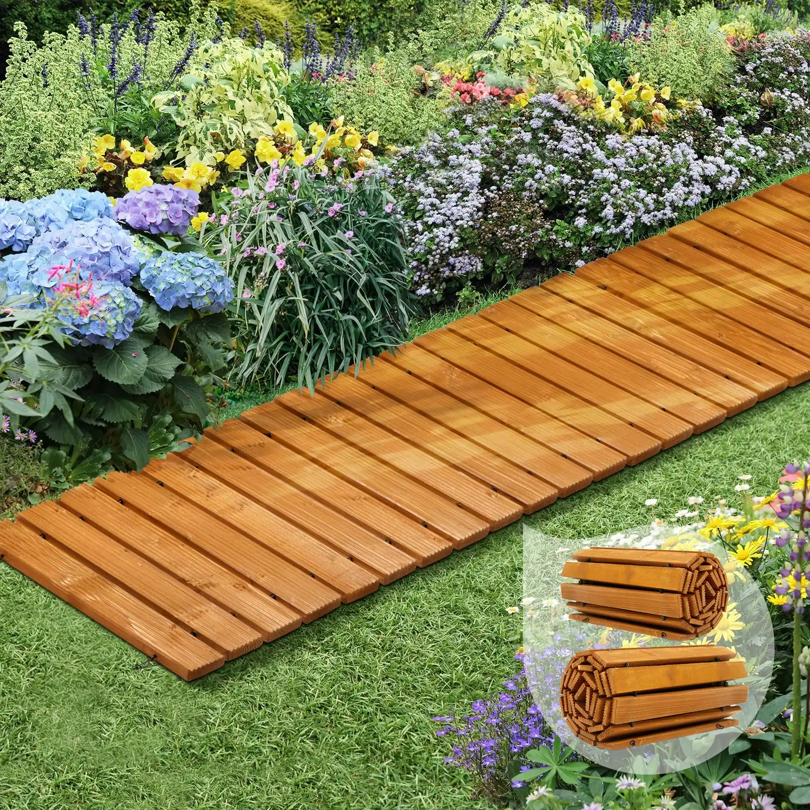 Livsip 2PC Garden Wooden Pathway 8ft Straight Wood Roll-Out Walkway Backyard
