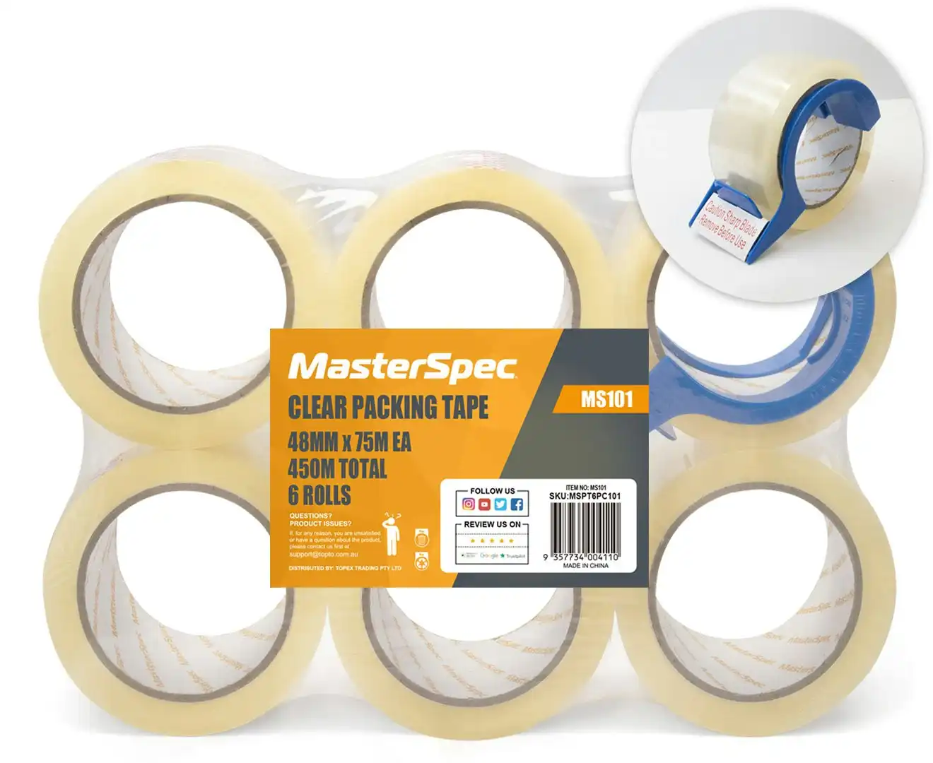 MasterSpec Clear Packing Tape - 6 Rolls, 450m Total Length, 48mm x 75m