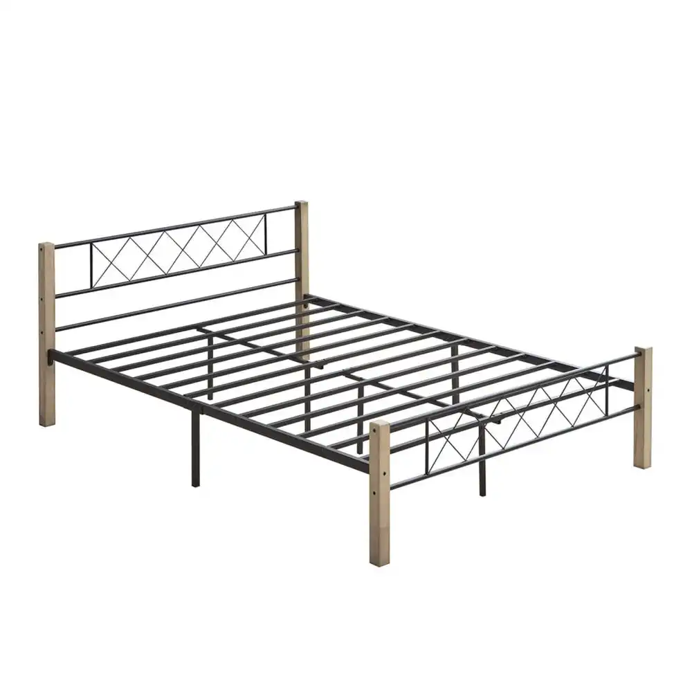 Gale Classic Bed Frame Wooden Post Metal Frame Queen Size - Maple & Black