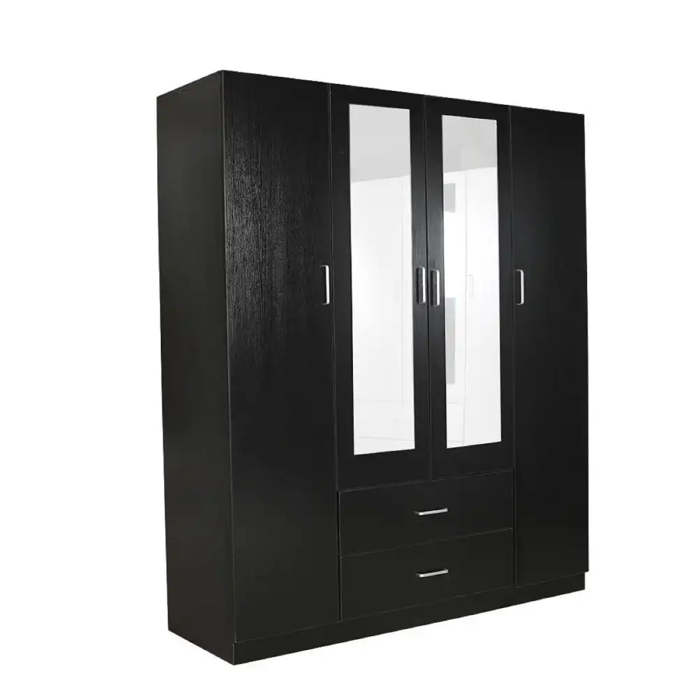 Jace 4-Door 2-Drawers Wardrobe Closet Clothes Storage Cabinet With Mirror - Black