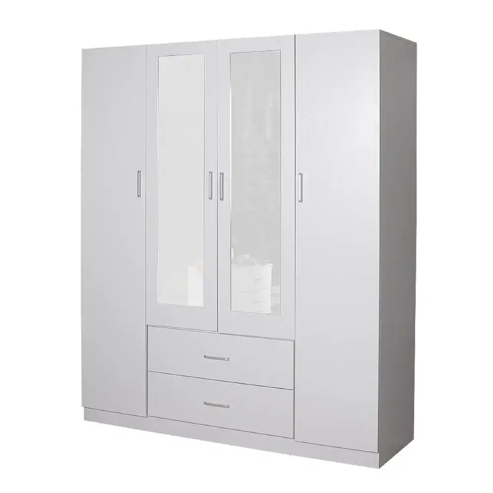 Jace 4-Door 2-Drawers Wardrobe Closet Clothes Storage Cabinet With Mirror - White