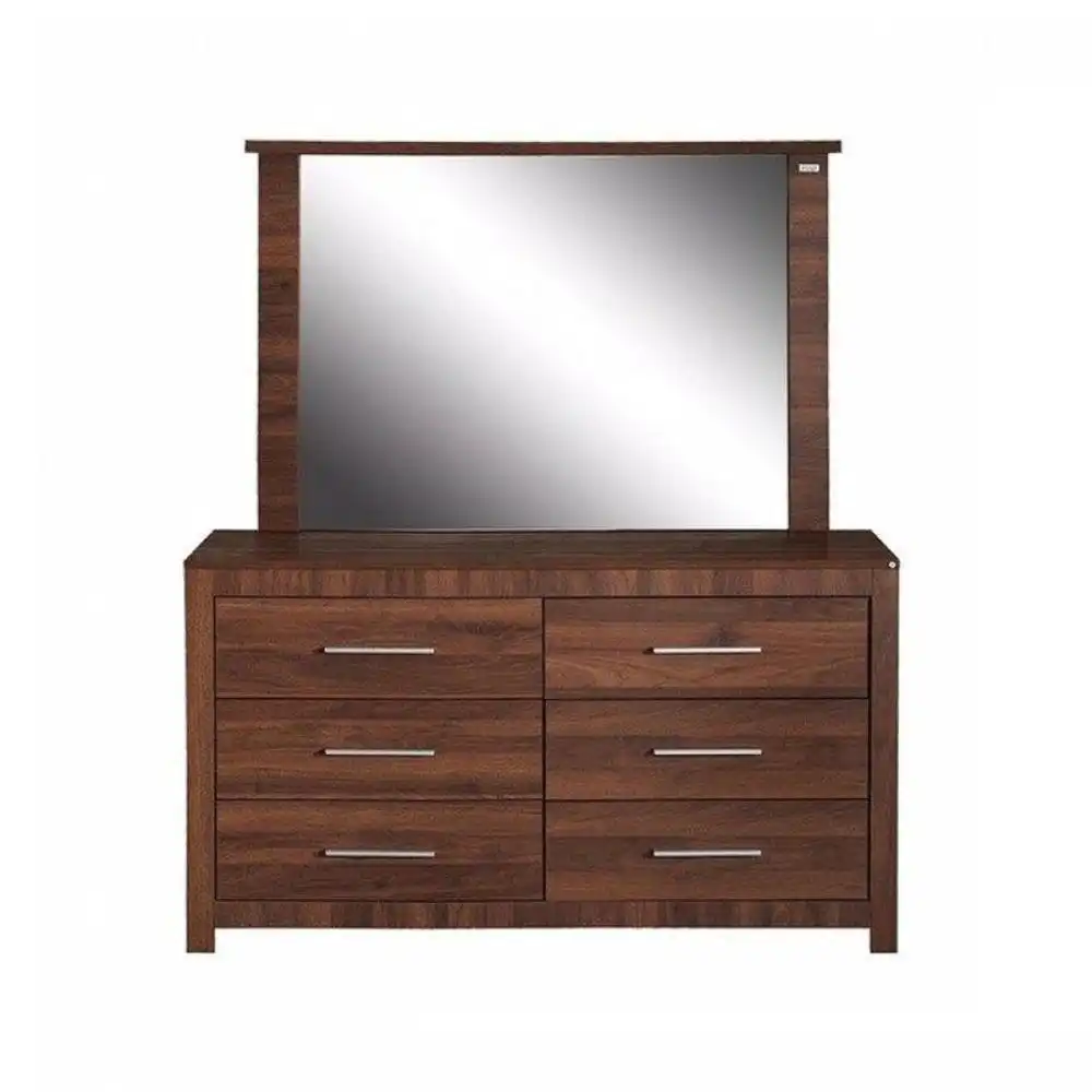 Franklin 6-Drawer Dresser LowBoy Sideboard Buffet Unit With Mirror - Walnut