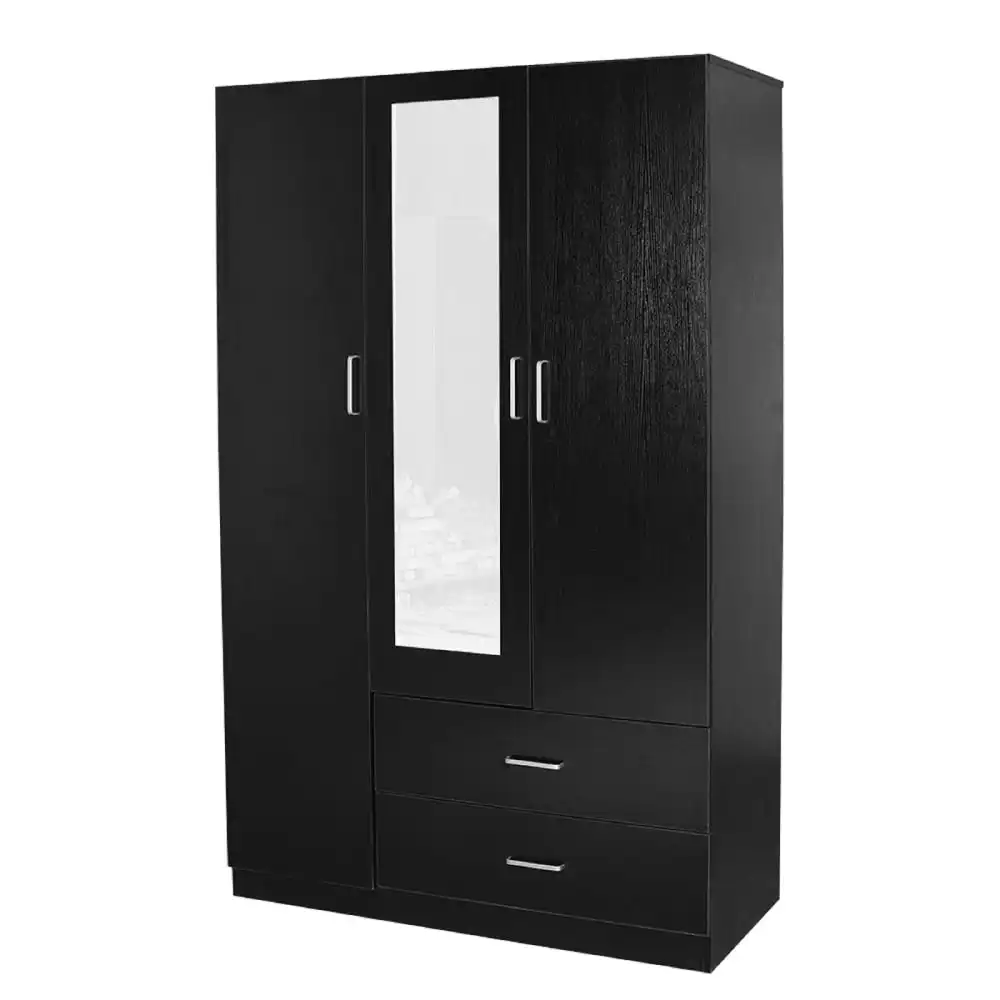 Jace 3-Door 2-Drawers Wardrobe Closet Clothes Storage Cabinet With Mirror - Black