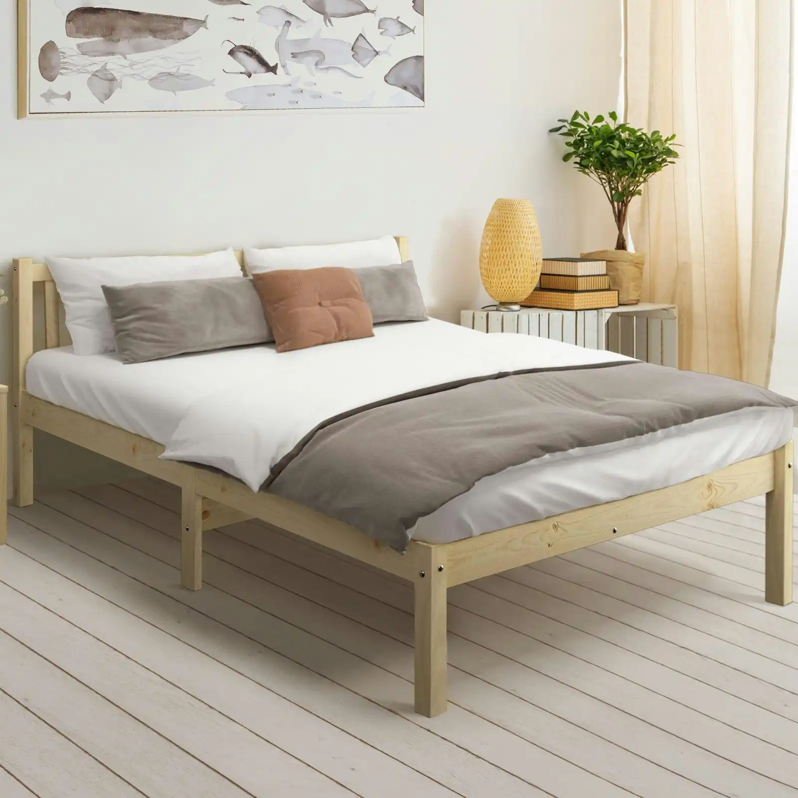 Oikiture Bed Frame King Size Wooden Timber Mattress Base Wood Headboard Bedroom