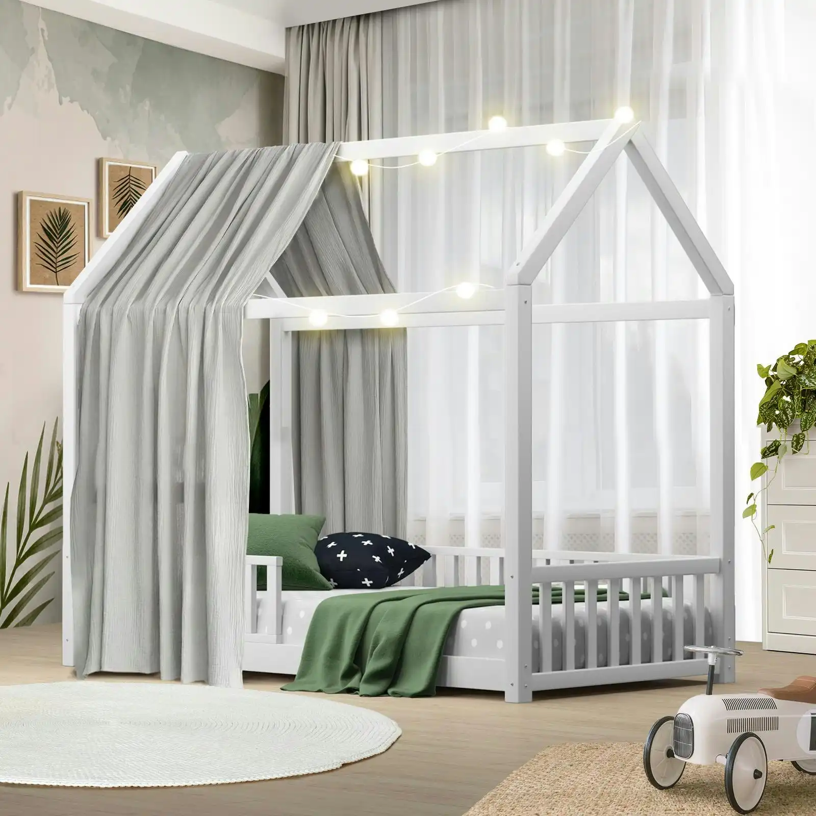 Oikiture Bed Frame Kids Wooden Single Timber House Frame Mattress Base Platform