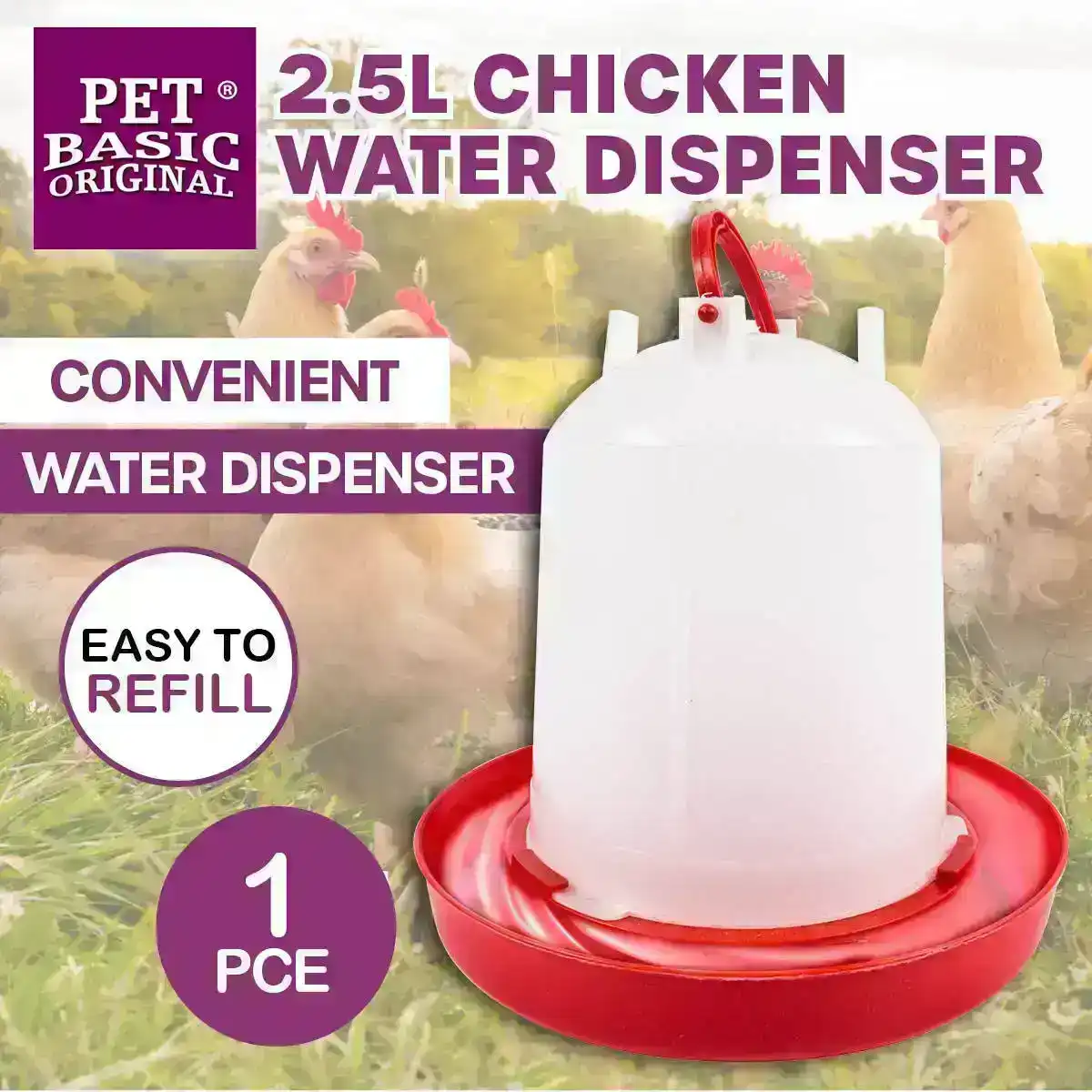 Pet Basic® Chicken Water Dispenser 2.5L Large Easy Refill Carry Handle 22x24CM