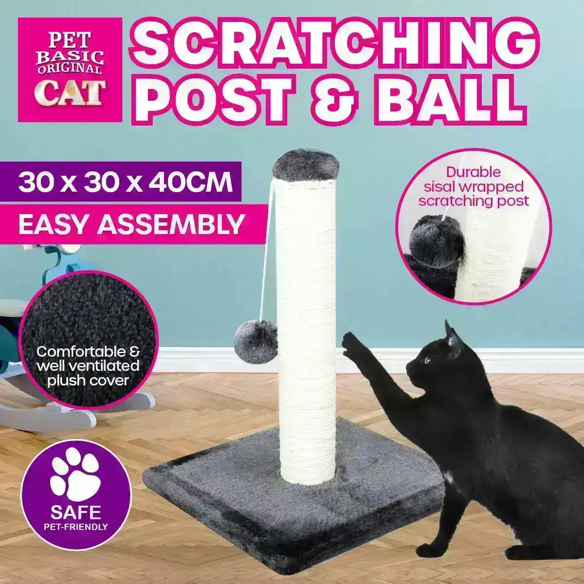 Pet Basic® Cat Scratching Post & Ball Fun Play Scratch Easy Assembly 30 x 40cm