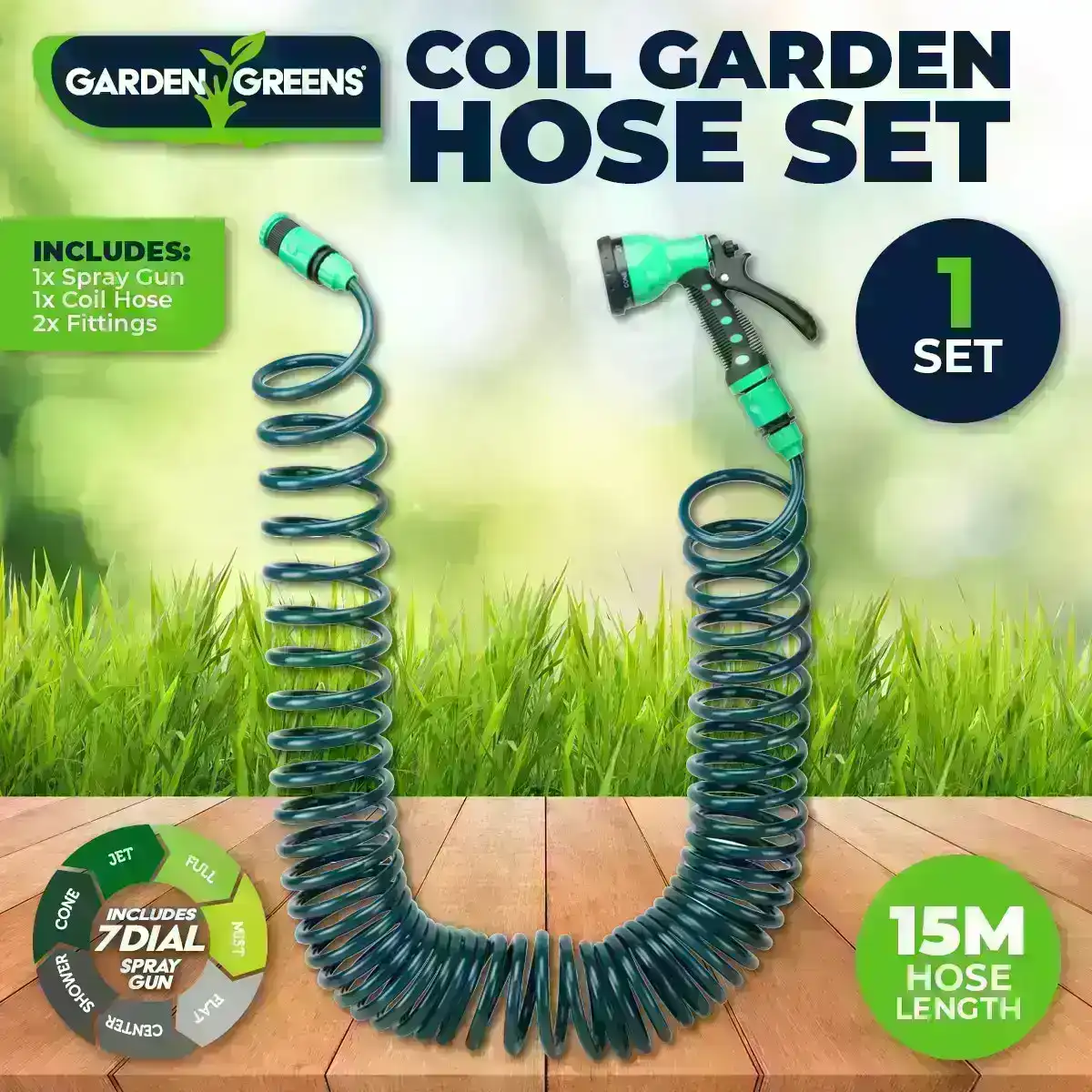 Garden Greens® Garden Hose Set Coil Design 7 Dial Spray Gun & Fittings 15m