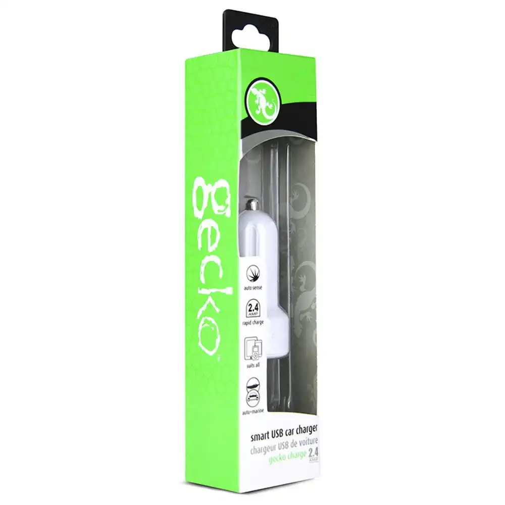 Gecko Smart 2.4A USB Car Charger for Smartphones GPS Tablet Dash Cameras White