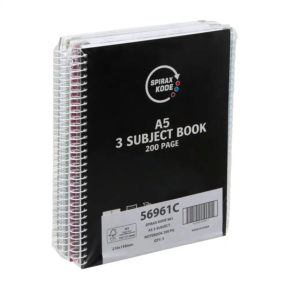 5pc Spirax Kode A5 3 Subject Book 200pg Paper/Notebook Assorted w/ Dividers