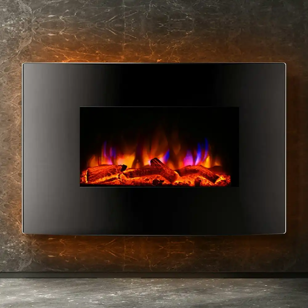 Devanti Electric Fireplace Fire Wood Heater Wall Mounted Heaters 3D Realistic Log Fire Flame Effect Quick Heating Winter Warm 2000W