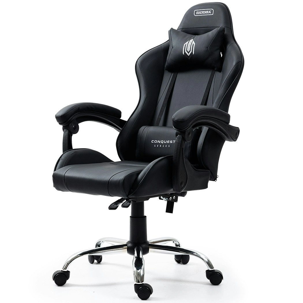 Overdrive Conquest Series Reclining Gaming Ergonomic Office Chair with Lumbar and Neck Pillows, Black