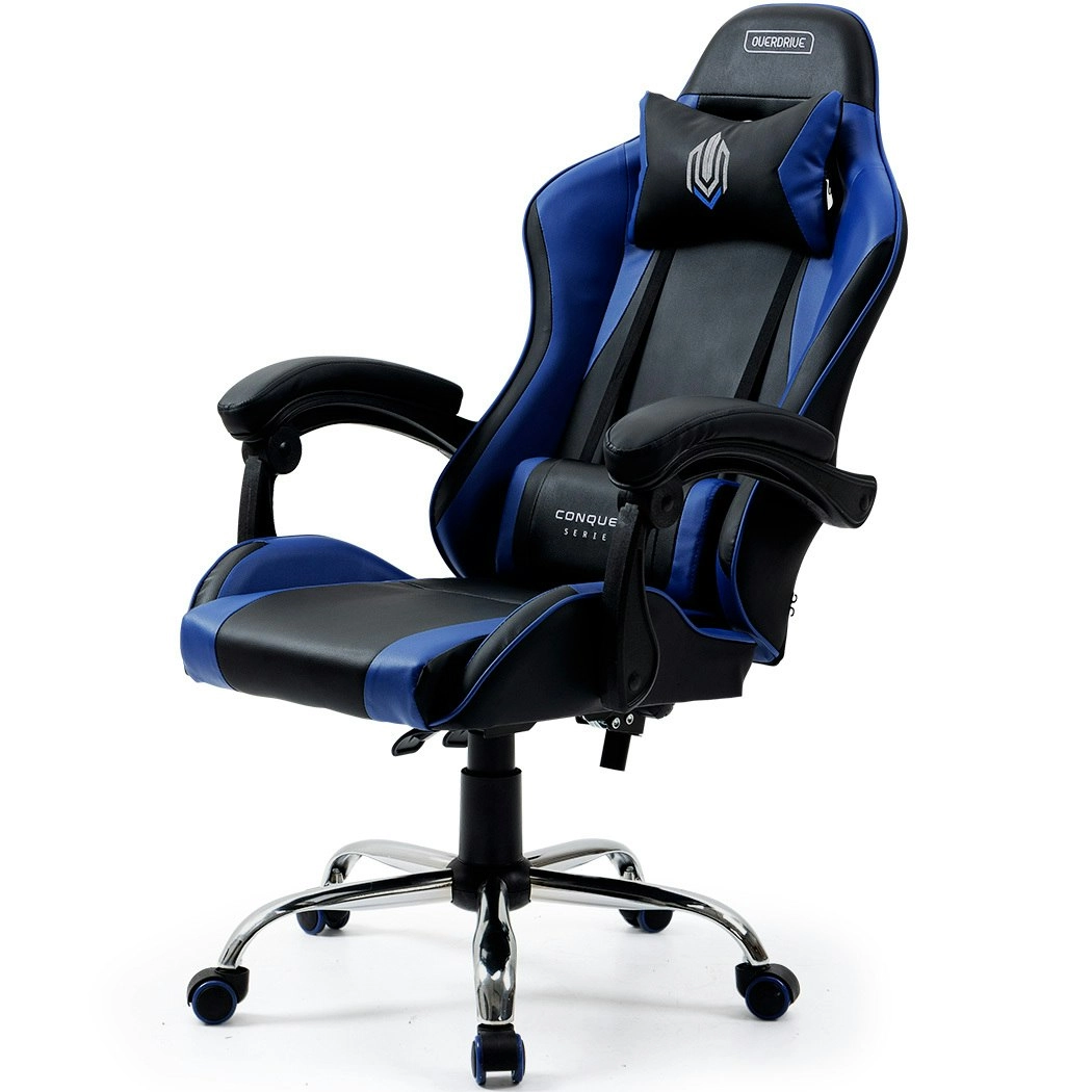 Overdrive Conquest Series Reclining Gaming Ergonomic Office Chair with Lumbar and Neck Pillows, Black and Blue