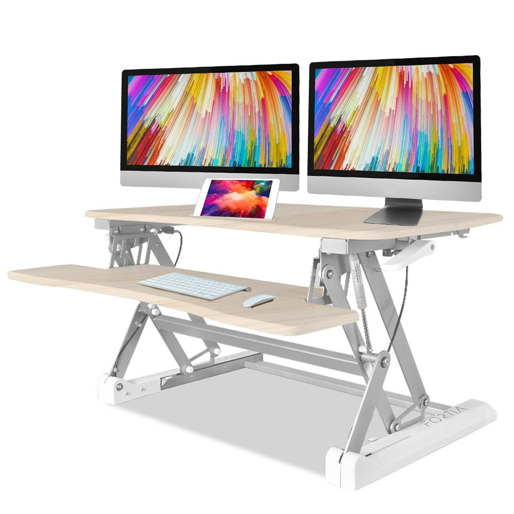 Fortia Desk Riser 90cm Wide Adjustable Sit to Stand for Dual Monitor, Keyboard, Laptop, Beech