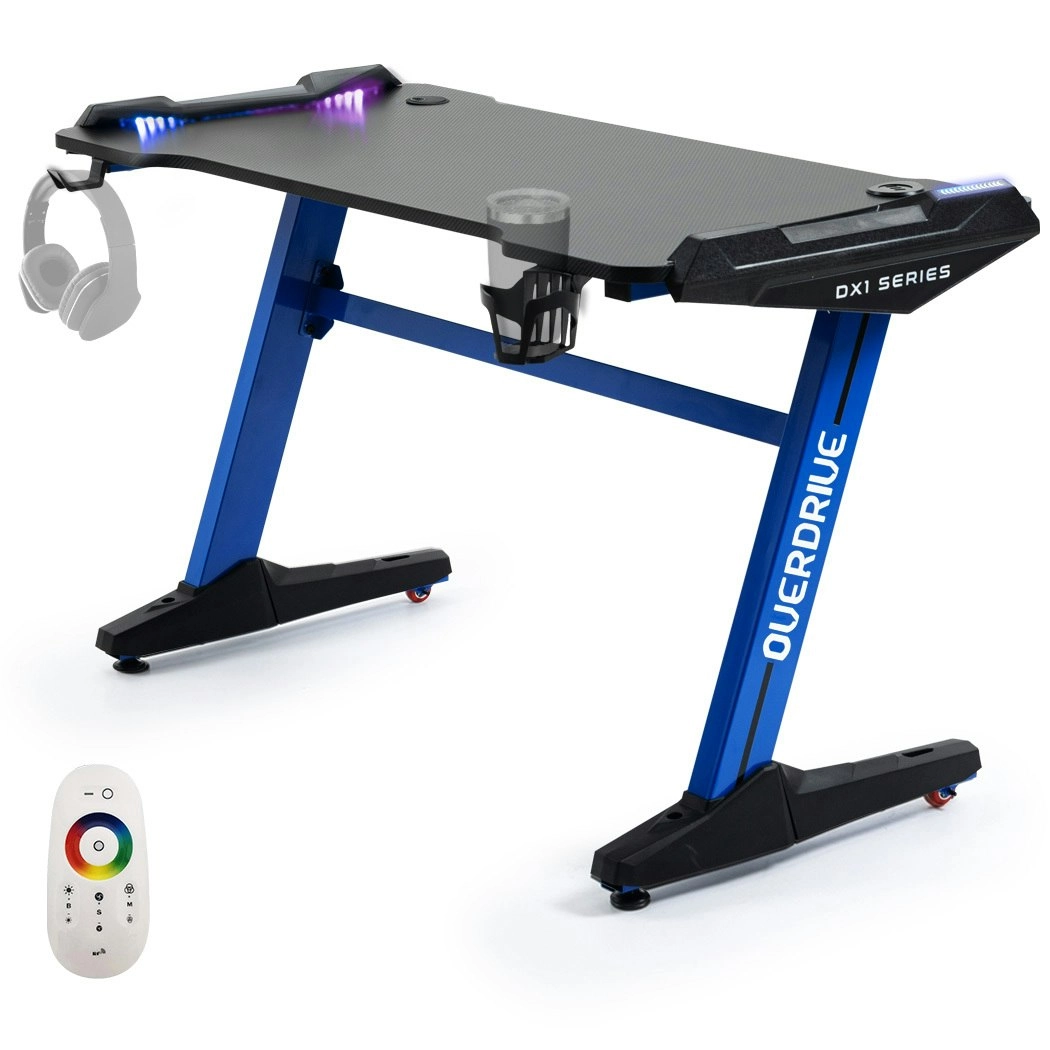 Overdrive Gaming Desk, 120x60cm, Carbon Fiber Styling, LED Lights, Headset Hanger, Cup Holder, Cable Management, Blue