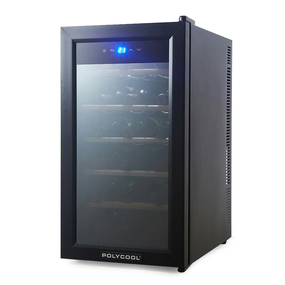 PolyCool 18 Bottle Wine Bar Fridge, Countertop, Mirrored Glass Door, Sliding Shelves, Black