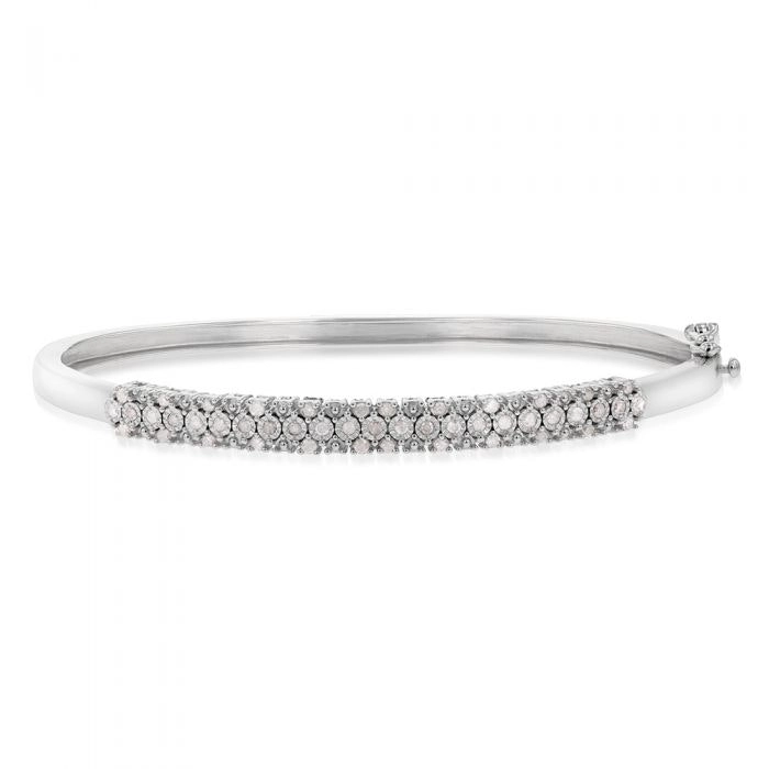 Sterling Silver 1/2 Carat Diamond 3 Row 50x60mm Hinge Bangle