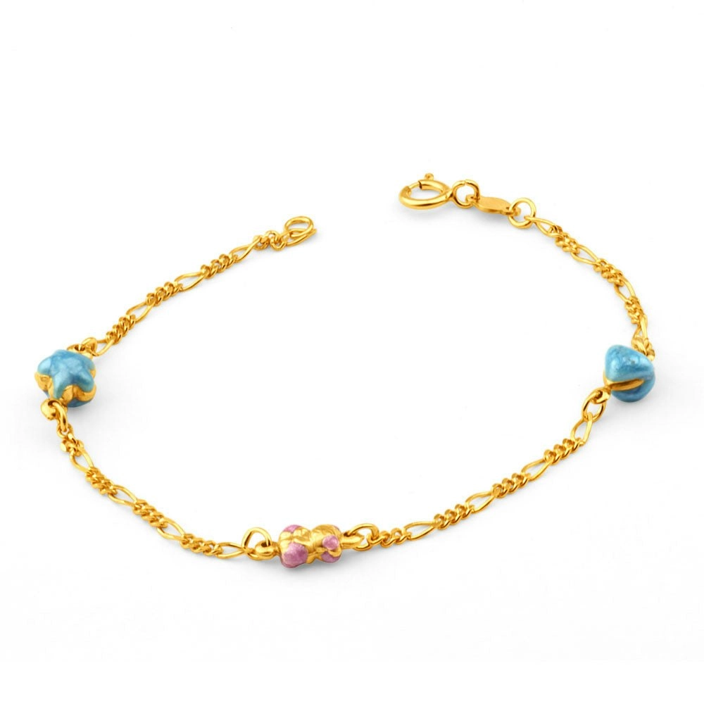 9ct Yellow Gold Figaro 1:3 Heart Kids Beads 15cm Bracelet