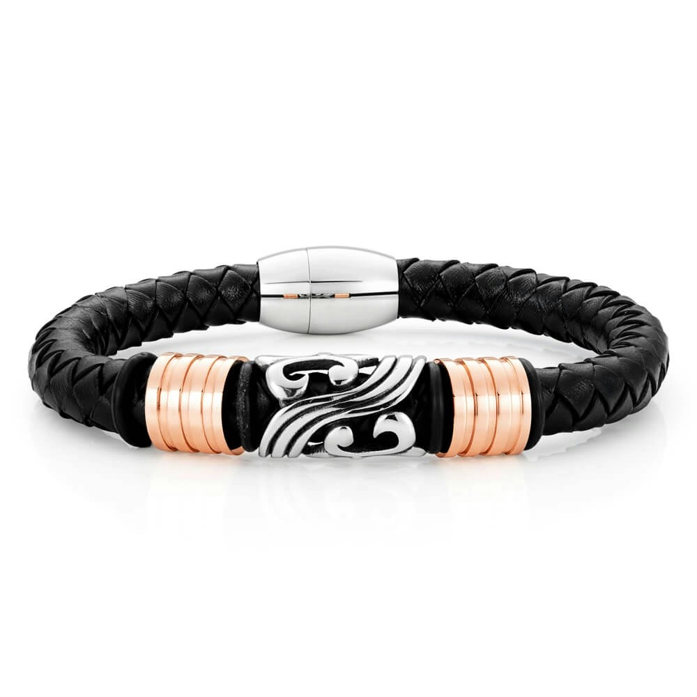 Stainless Steel 'Forte' Black Woven  Leather Gents Bracelet