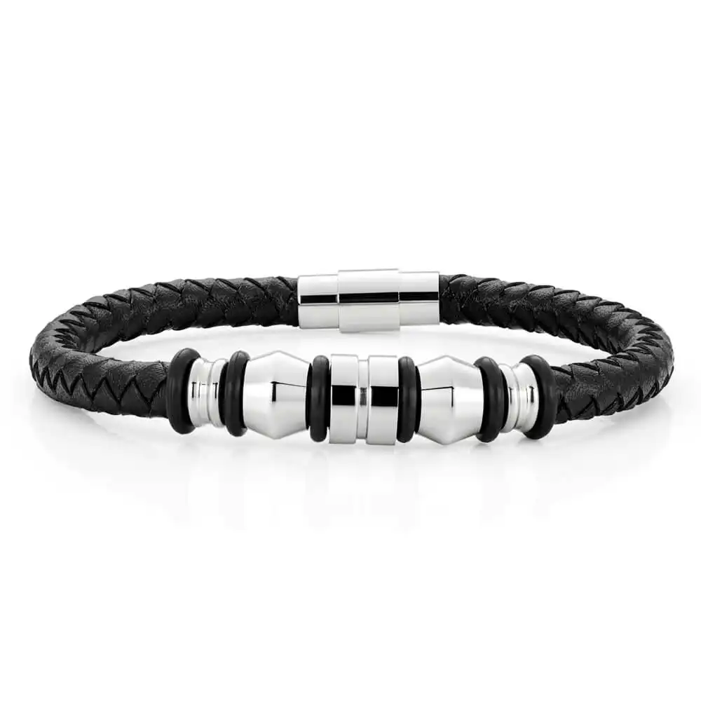 Stainless Steel 'Forte' Black Woven Gents Leather Bracelet