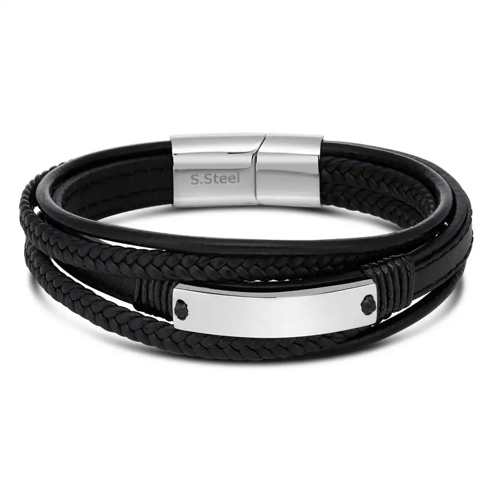 Stainless Steel and Leather Gents Magnetic Black Leather Bracelet with I.D. Plate